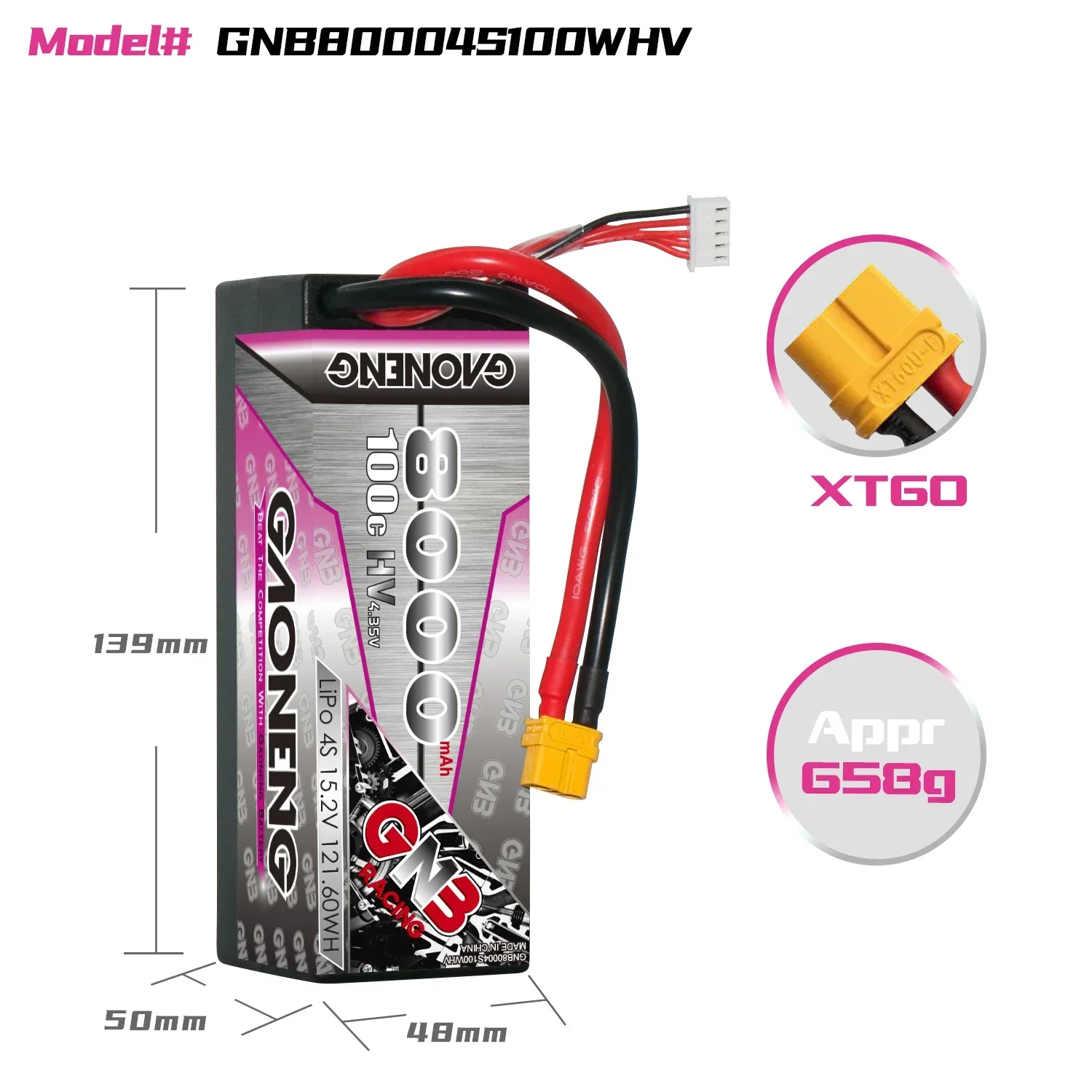 GAONENG GNB 8000mAh HV 4S 100C 200C 15.2V Hard Case LiPo Battery Cabled with XT60 1/10 1/8 Scale RC Hobby Models