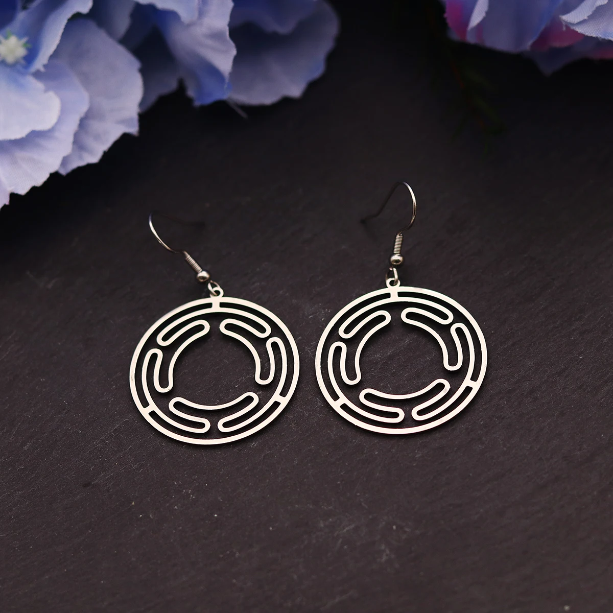 Chandler Hekate Wheel Dangle Earrings Stainless Steel Triple Moon Strophalos Hecate Goddess Femme Wiccan Magic Amulet Jewelry