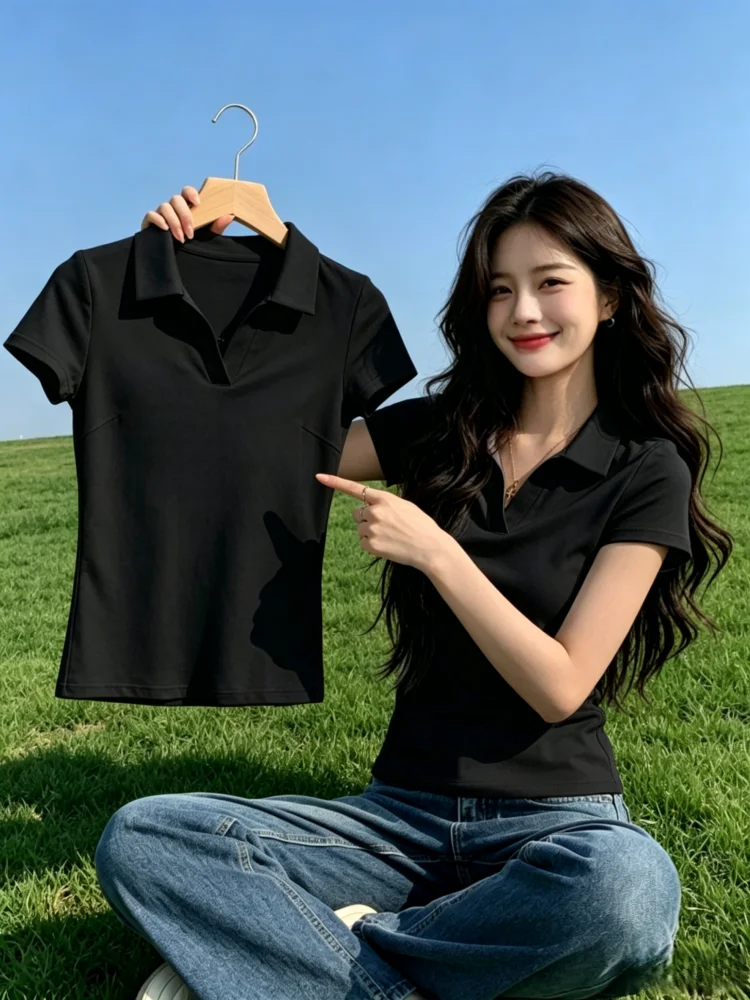 Summer Women's Short Sleeve T-Shirt 95 Cotton  Shirt Slim Fit Turn Collar Large Size plus Size  Color Top
