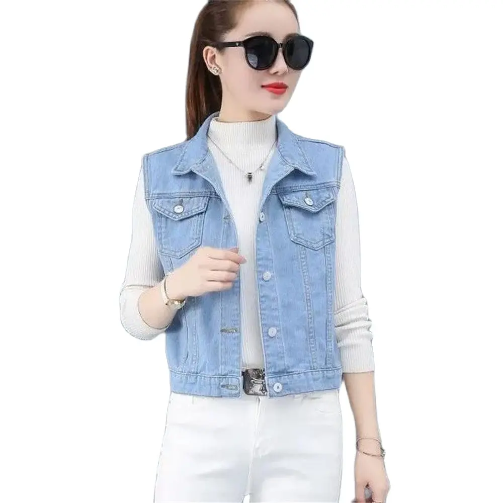 

Women's Sleeveless Denim Vest Chic Simple Outwear Waistcoat Casual Short Beaded Holes Slim All-Match Cropped Coat