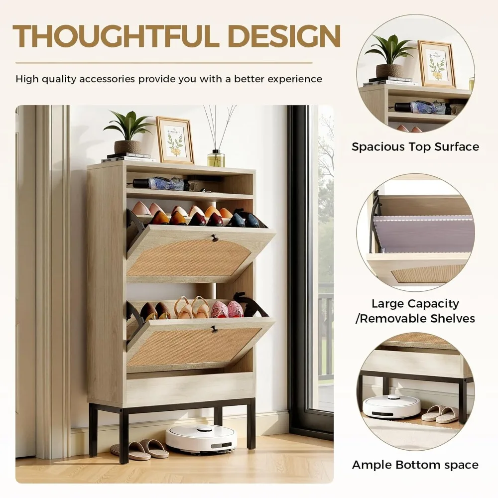 Shoe Cabinet with Charging Station, Flip Down Shoe Storage Organizer with Adjustable Shelves, Hidden Slim Shoe Rack, Customized