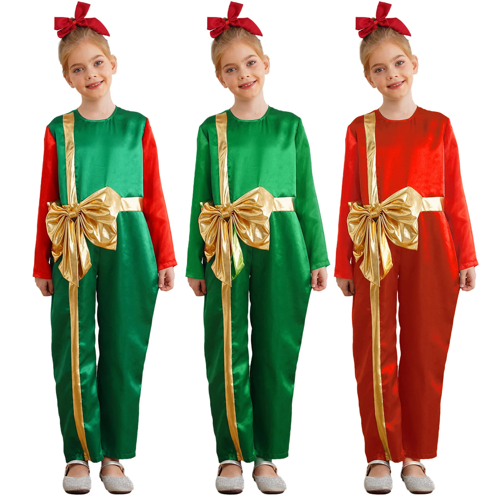 6-16Y Boys Girls Christmas Jumpsuit Xmas New Year Party Halloween Santa Gift Box Cosplay Costume Long Sleeve Bow Knot Bodysuit