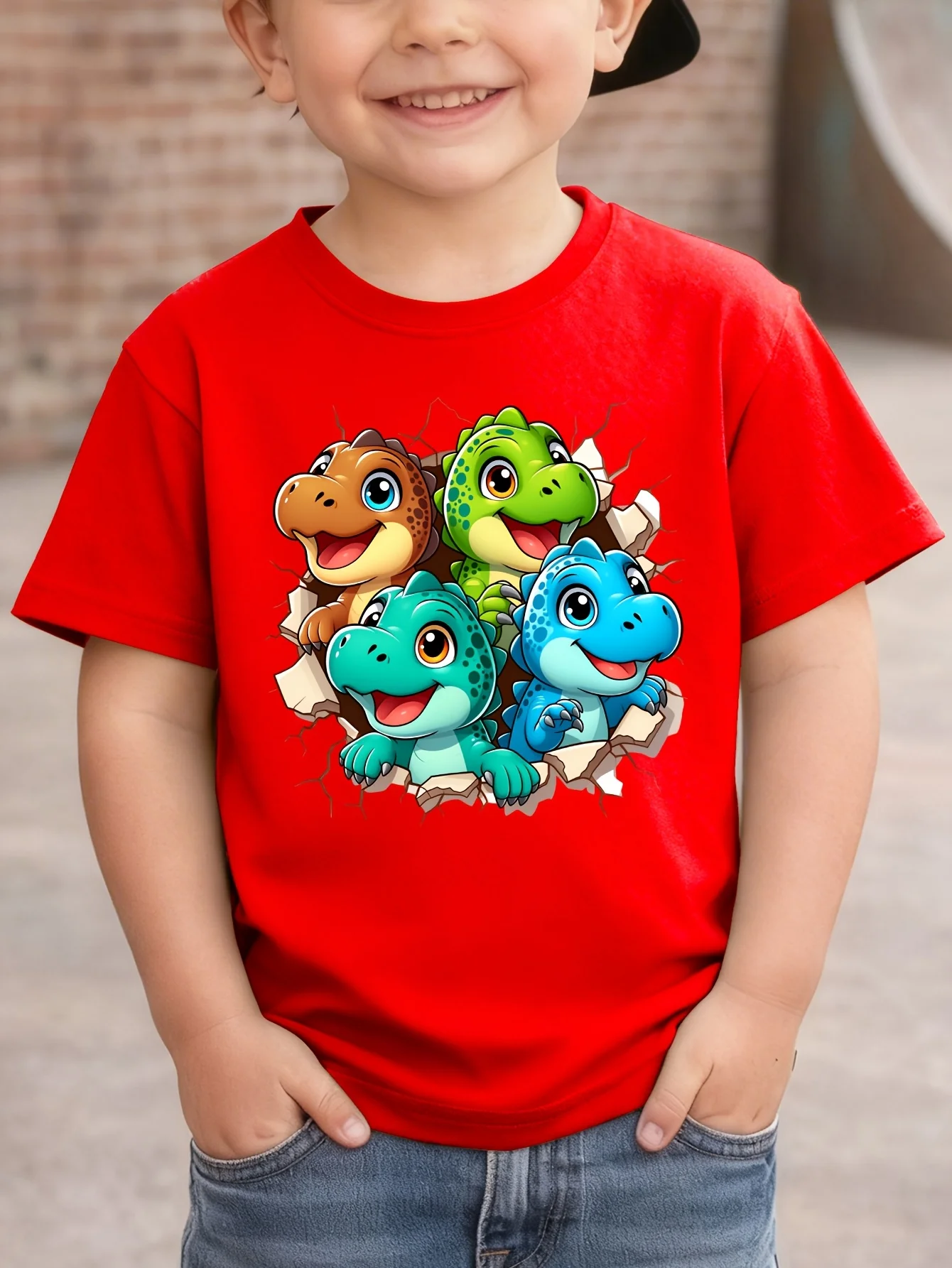 Four Baby Dinosaurs Kid Tee Break Through Wall Print Boys Girls Family Matching Cotton Summer Short Sleeve Basic Children Tshirt