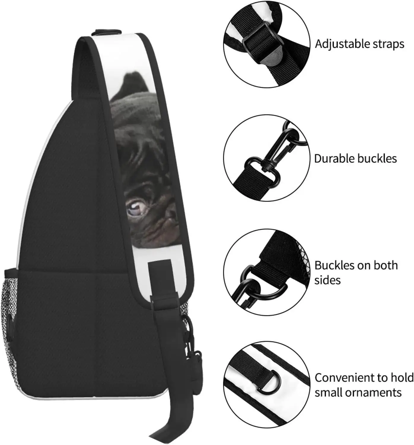 Black Pug Dog Sling Bag Crossbody Travel Hiking Chest Backpack Shoulder Daypack for Women Men One Size