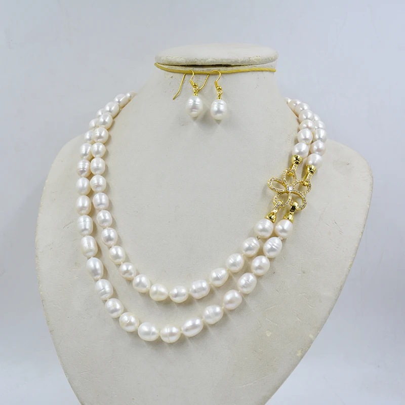 2 rows of 10-11 AA giant natural cultured freshwater pearl necklace Earring set (Natural pearls are very rare now) 18-21”