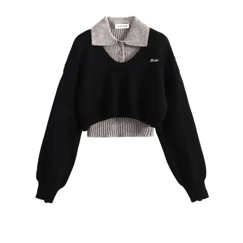 Fashion Women Short Sweater Women's Autumn Winter Wear Two-Piece Set Knitted Sweater And Vest Top outfit knitted Pullover Shirt