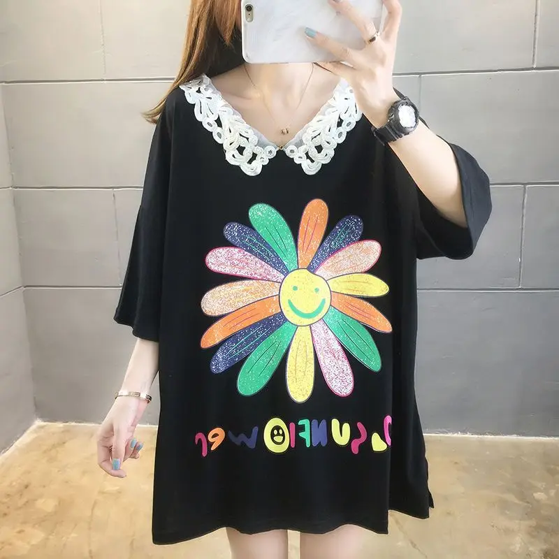 2024 New Summer Youth Sweet Academy Style Lace Flip Collar Personalized Print Loose Oversized Casual Short Sleeve Large T-shirt