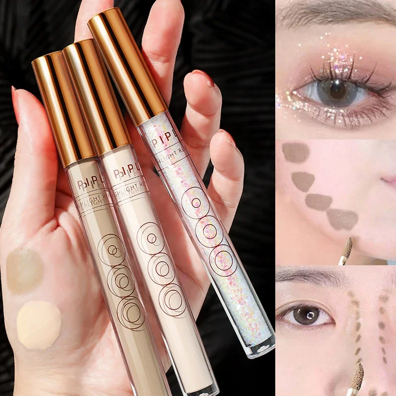 Resaltador con purpurina, sombra de ojos líquida con purpurina, ilumina el contorno, sombra lateral mate para la nariz, maquillaje de lápiz de gusano de seda Natural