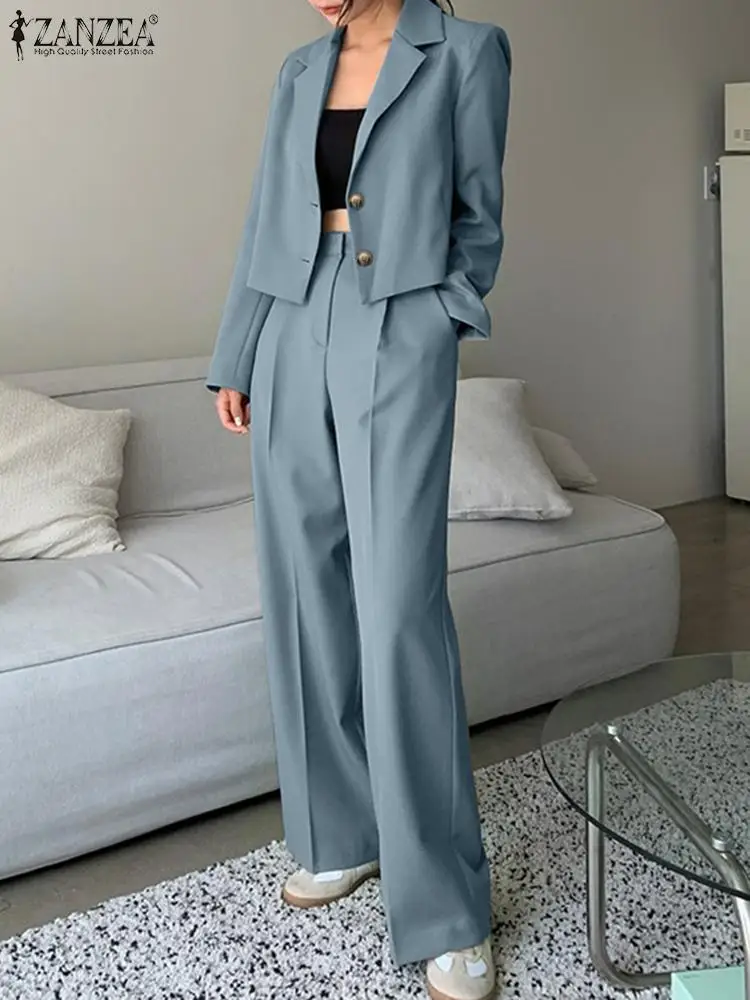 ZANZEA Elegant Blazer Suits Solid Fashion Matching Sets Long Sleeve Tops Wide Leg Pants Vintage Casual Tracksuit Work Suit 2023