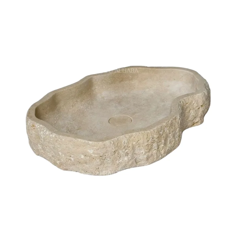 Modern style indoor/outdoor stone travertine sink irregular waveform easy to clean polished drain for school hand washing