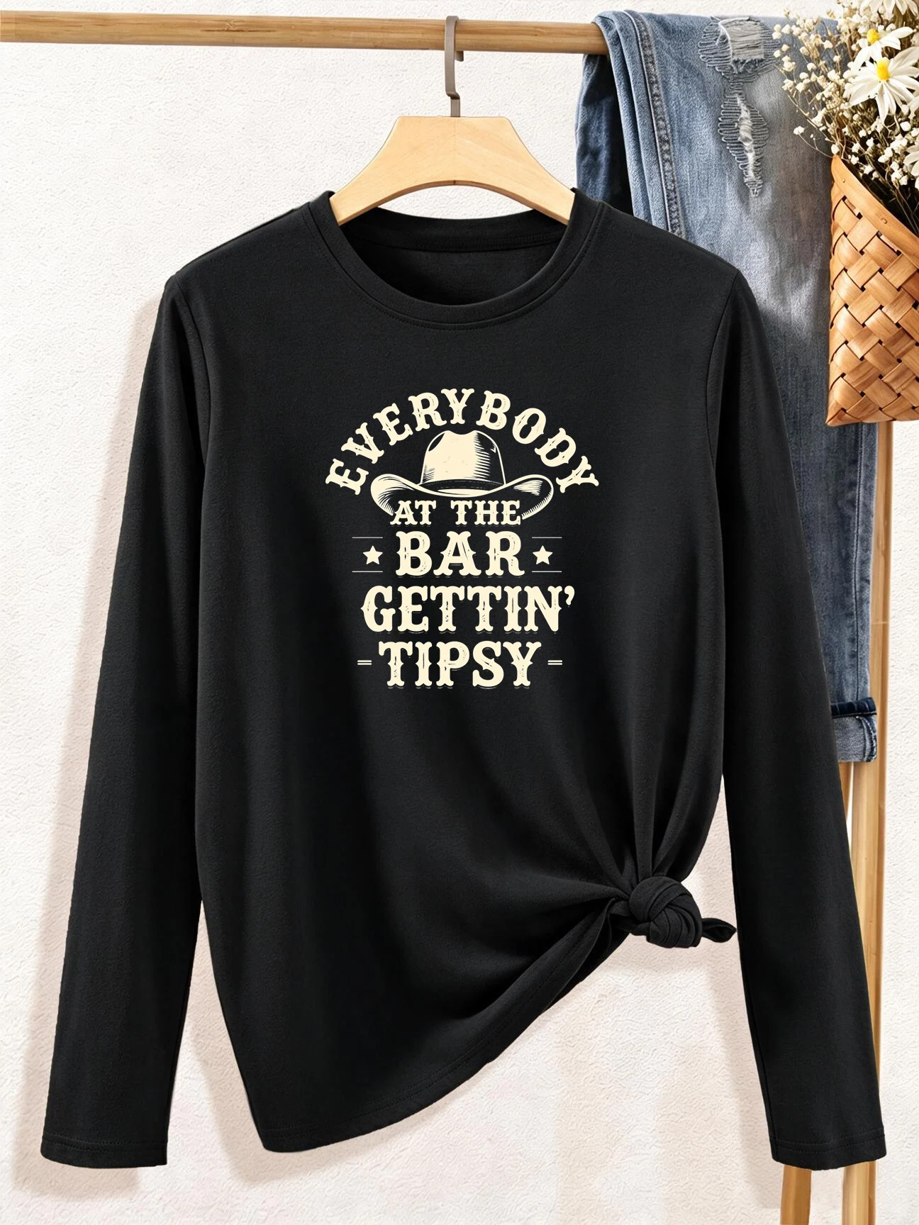 Funny Letter Print Crew Neck Long Sleeve T Shirt Casual Fashion Tshirt Women's Graphic Vintage T-shirt Clothing Femme Outfit