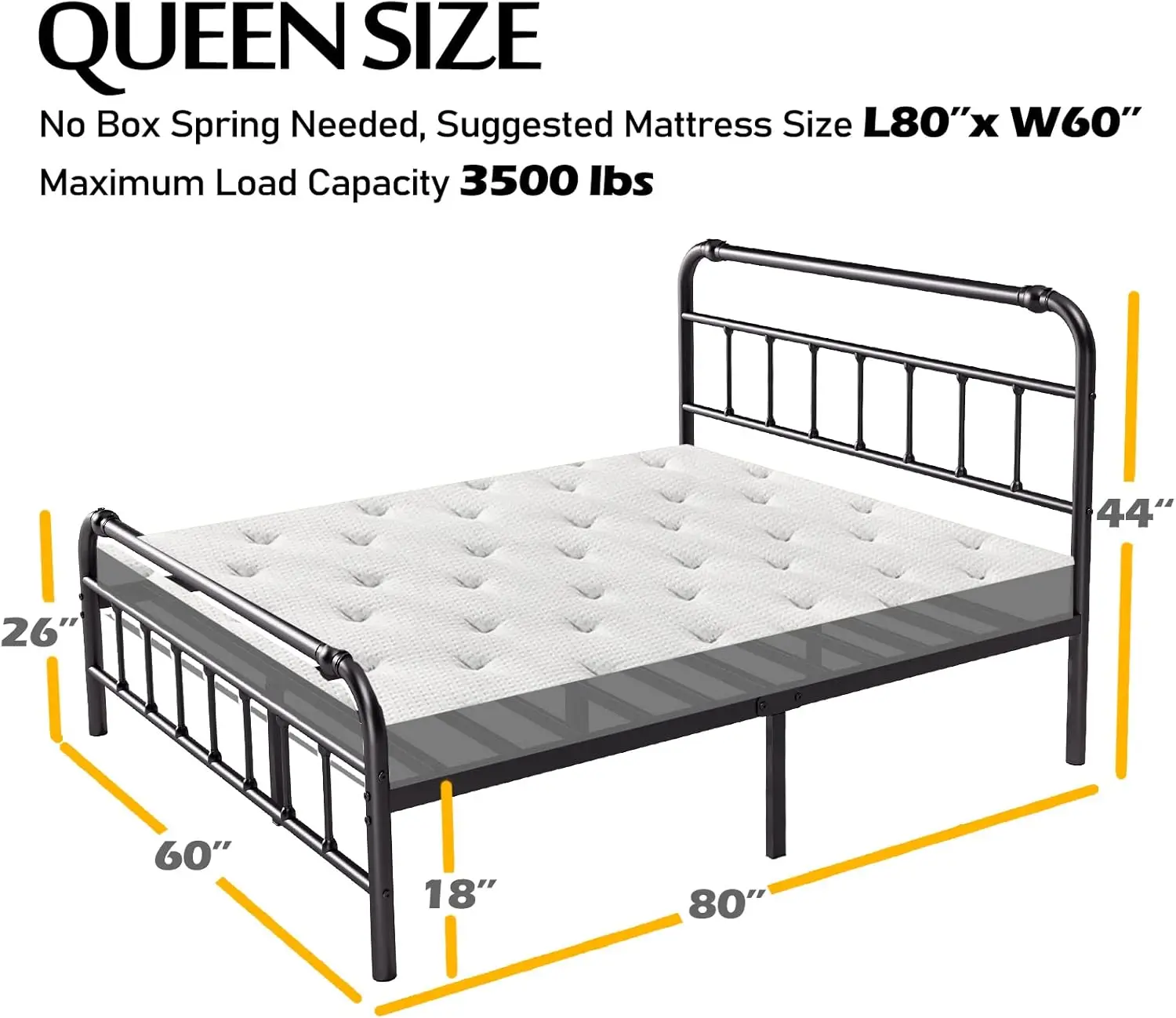 Bed Frame with Headboard and Footboard, 18 Inches High, 3500 Pounds Heavy Duty Metal Slats Support for Mattress, No Box Spr