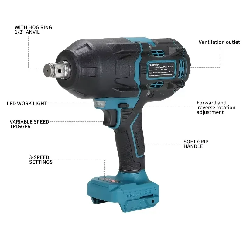 Heimerdinger 1600N cordless Brushless Impact Wrench LB268, Cordless Power Tool with LED Light, 3-Speed, High Torque, No view 6