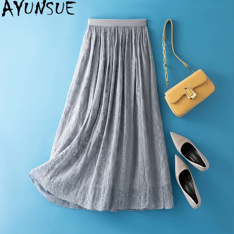 AYUNSUE Natural Silk Women's Skirts Luxury A-line Grey Skirt High Waist Flowing Skirts for Women Summer Clothes Woman 2026 스커트