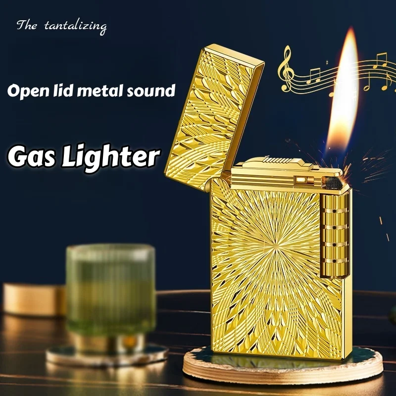 Creative Metal Relief Grinding Wheel Open Flame Lighter Metal Sound Portable Refillable Gas Lighter Gift Cigarette Accessories