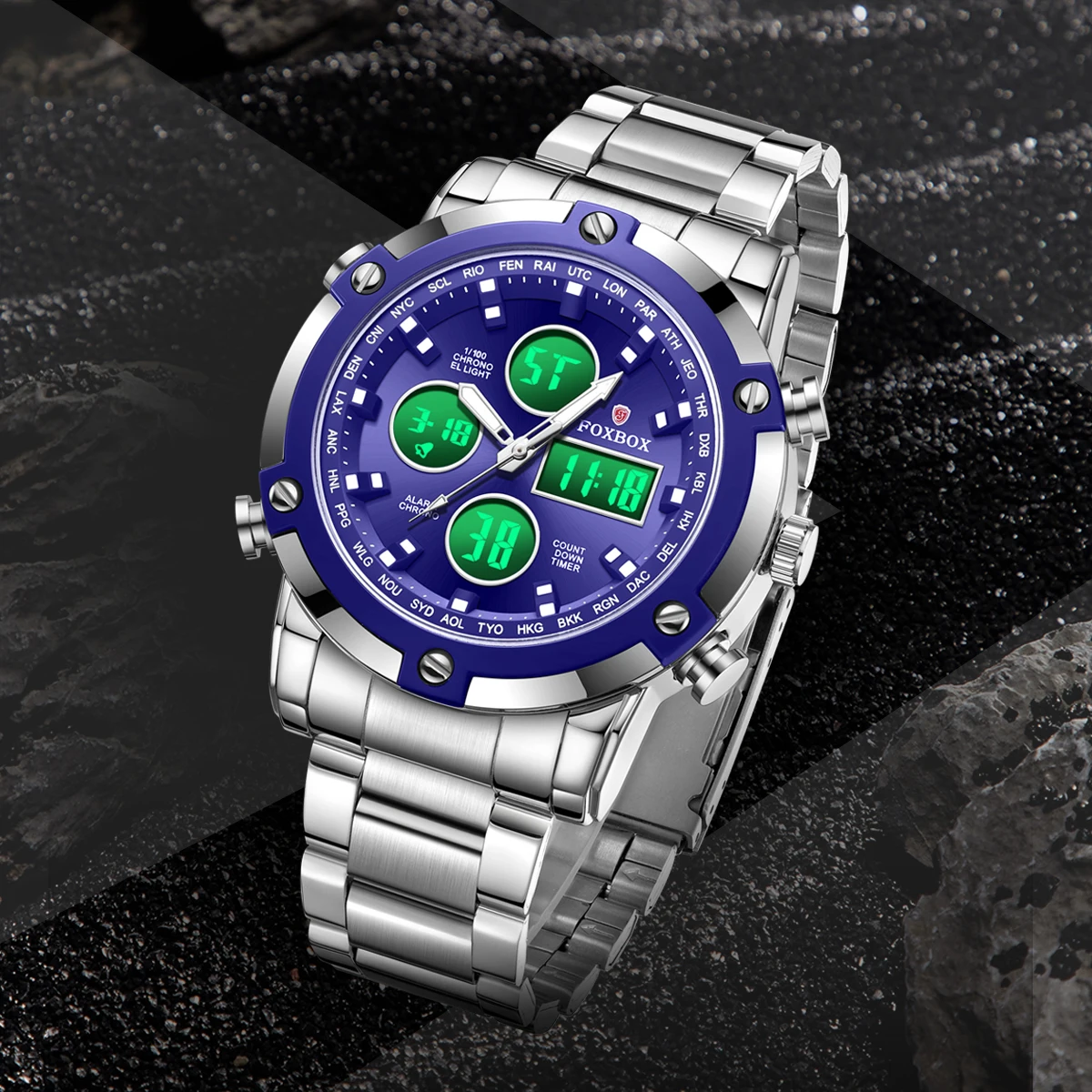 FOXBOX 3 Time Back Light Display Digital Watches Mens Full Steel Strap Quartz Wristwatch Countdown Clock Relogio Masculino