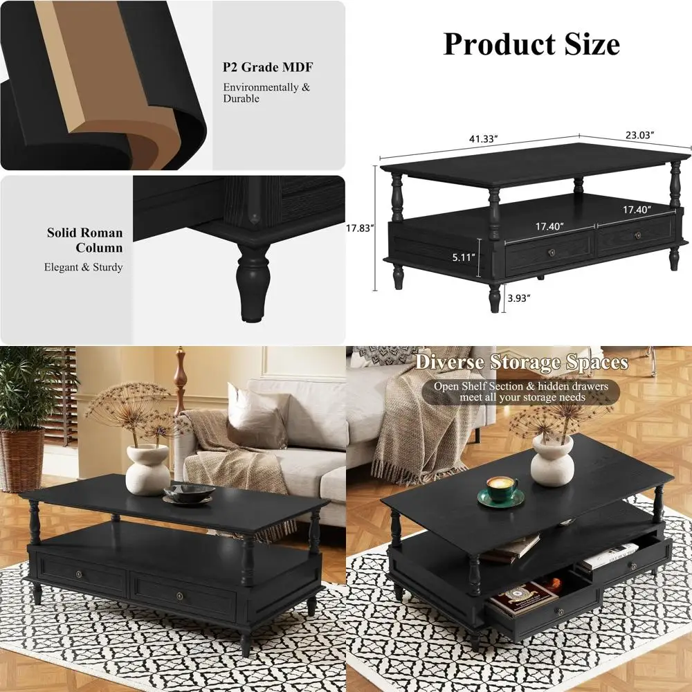 

Minimalist Wooden Coffee Table with Storage, Open Display, and Drawers, Black