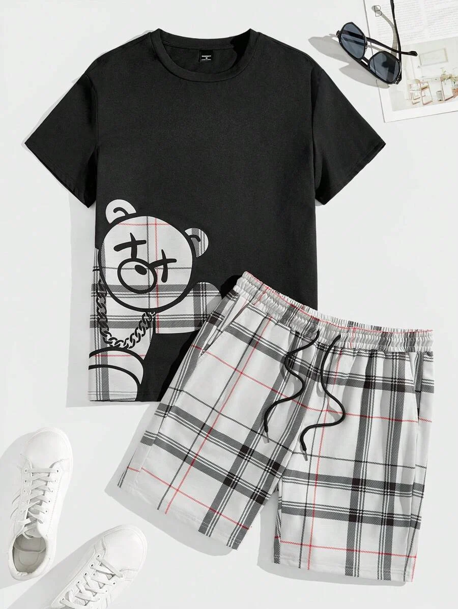 Men's set summer fashion plaid teddy bear round neck short sleeved T-shirt Hawaii vacation casual set men's drawstring pocket sh