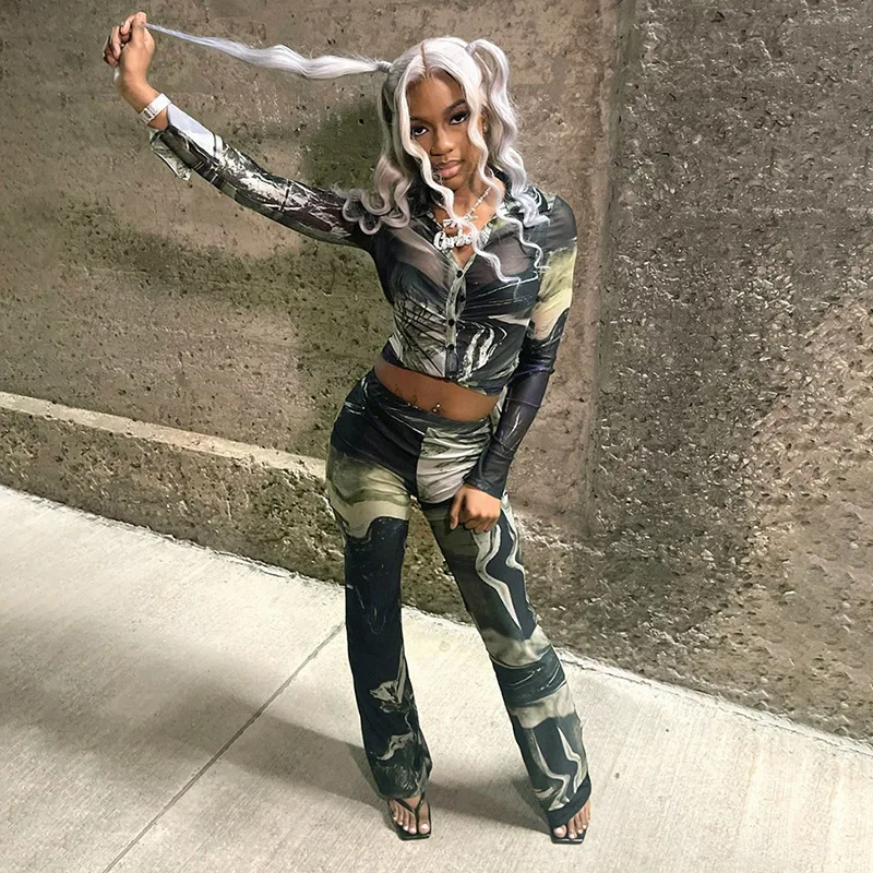 

2024 Spring Women Mesh Print 2 Piece Set Long Sleeve Ruched Shirts Tops High Waist Flare Pants Casual Streetwear Suits Outfits