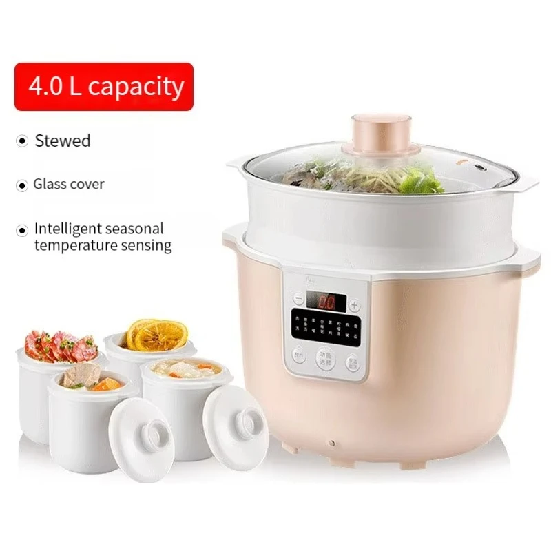 Electric Saucepot 4L Multi Bone Soup Cooker Programmable Glass Lid Slow Cooker With Steamer