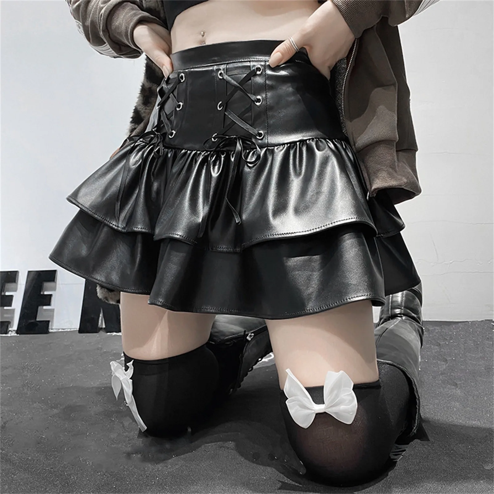 

Fashion Punk Mini Skirts Punk Sexy High Waist Black Ruffles Bandage Harajuku Aesthetic Skirt Goth Grunge Cake Skirt Streetwear