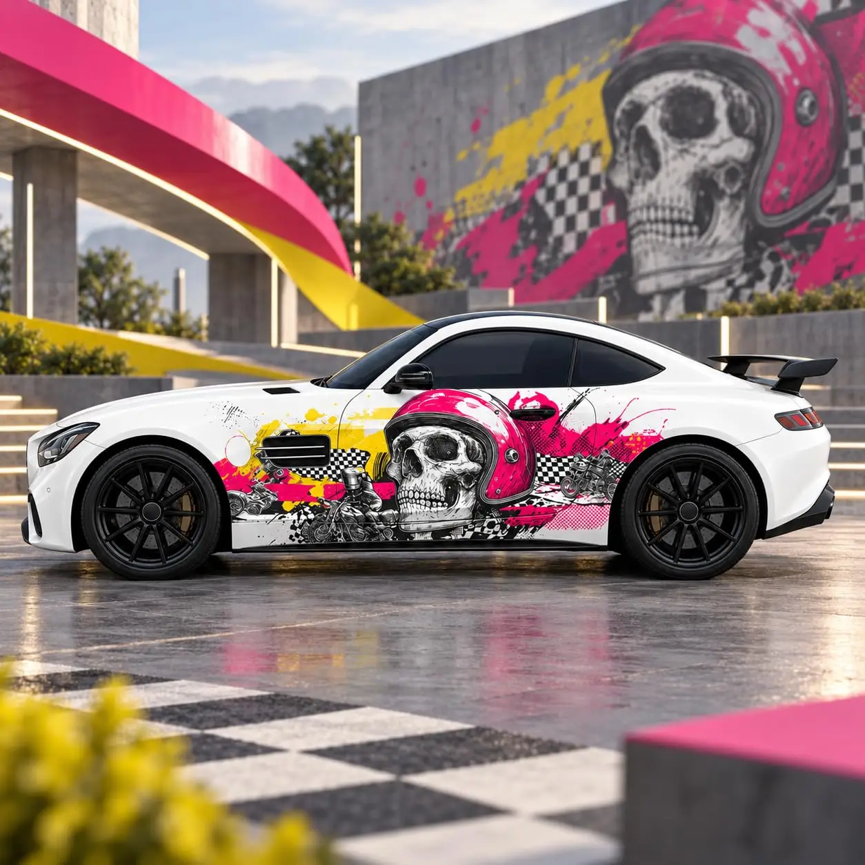 Skull Racer Car Wrap Vinyl Decal, Pink & Yellow Graffiti Design