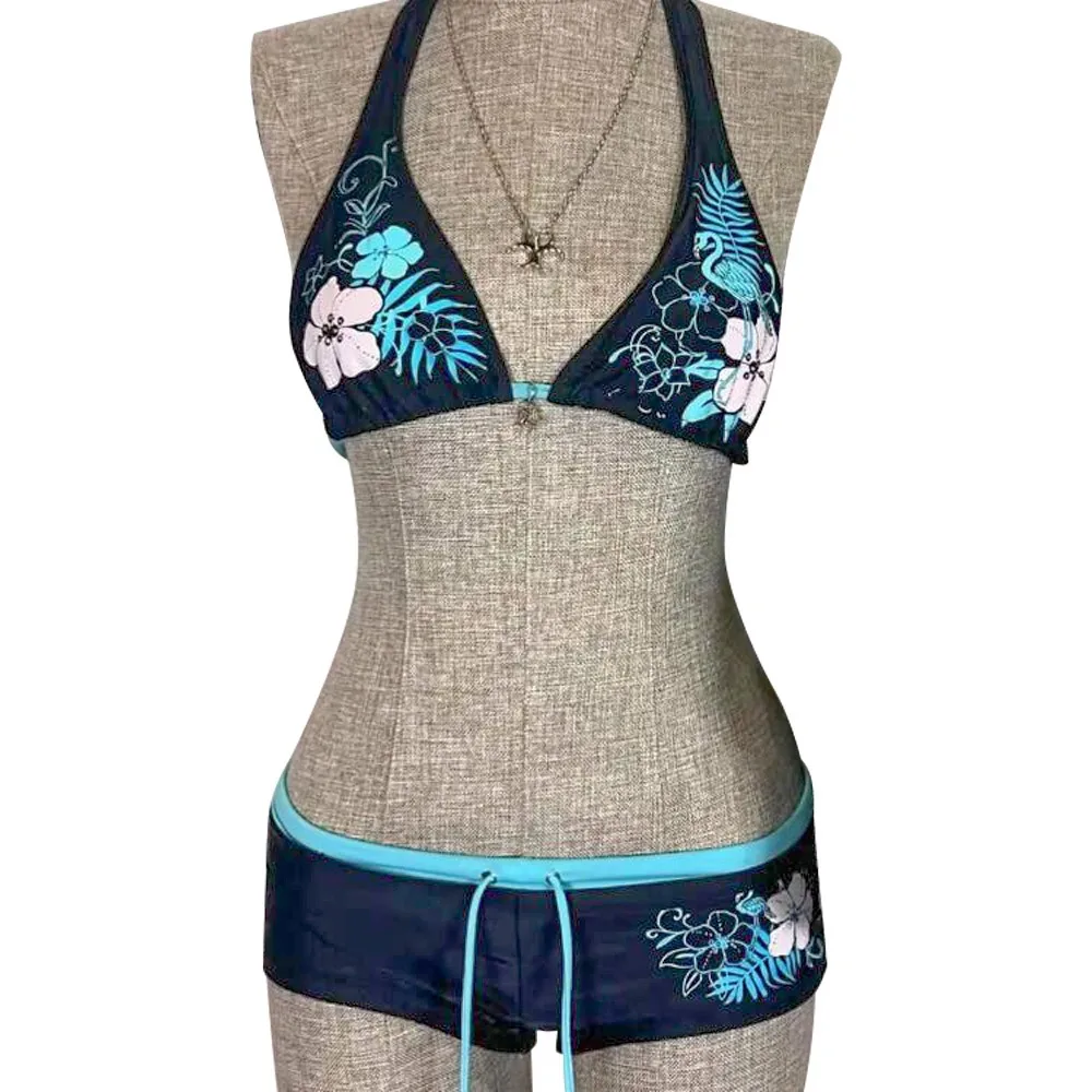 Fashion Vintage Bikini Set Adjustable Flower Print Swimsuit Low Waist Sexy Bathing Suit Beach Wear