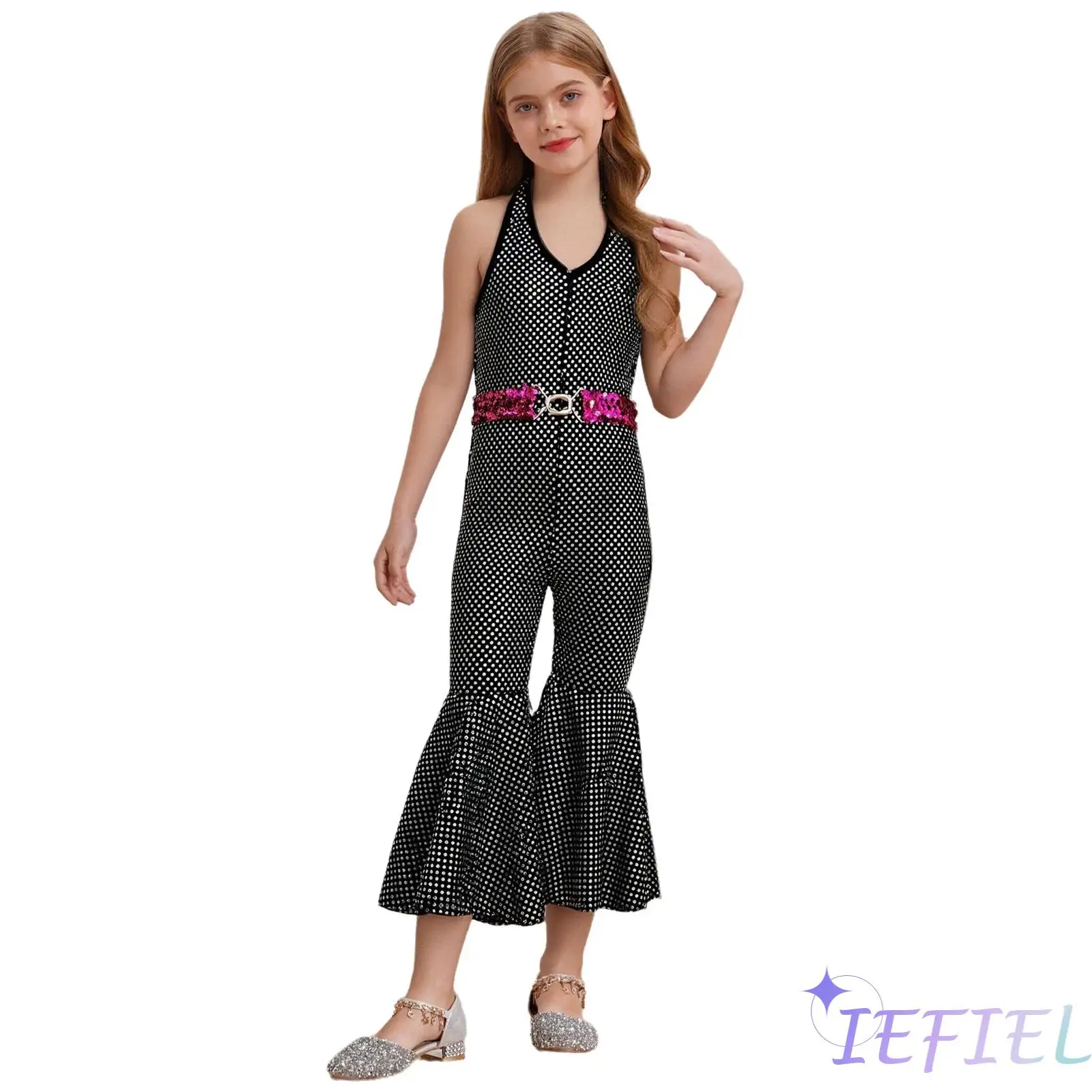 

Vintage Disco Jumpsuit for Girls with Sparkling Sequins And Bell Bottom Pants Complete with Sequin Belt for 70s Theme Parties