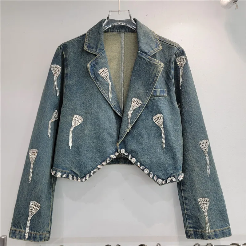 Chic Heart Rhinestones Tassels Beads Denim Blazers Coat Love Diamonds Fringed Jeans Suits Jacket Crystal OL Cowboy Cardigan Tops