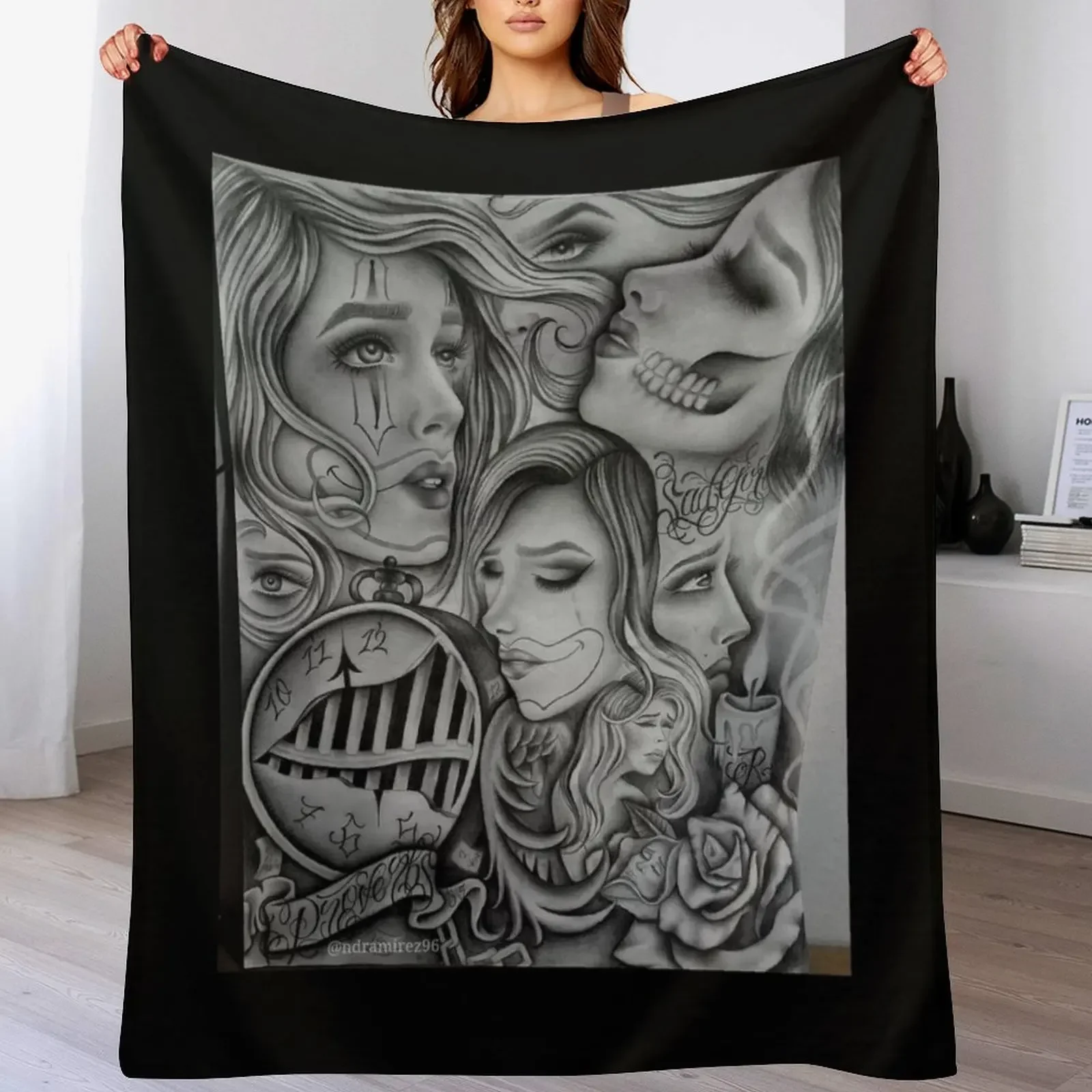 

Sad eyes chola clown , Chicano art , black and grey art Throw Blanket Stuffeds valentine gift ideas Thins Blankets