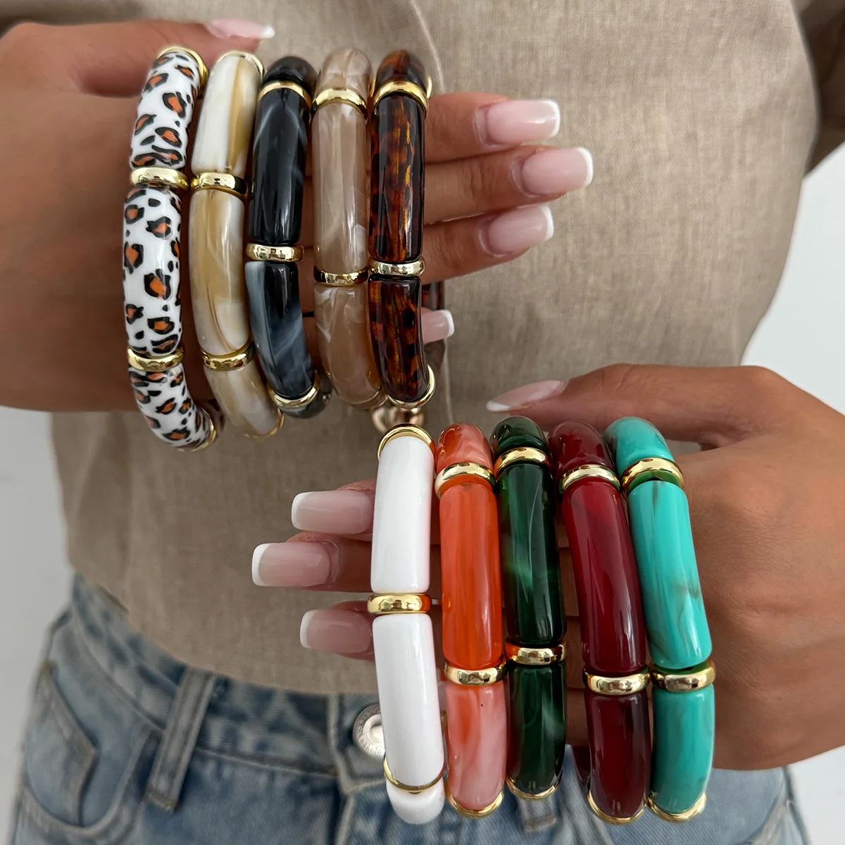 Vintage Stackable Acrylic Bracelets for Women Bohemian Round Tube Beaded Bracelet Leopard Resin Elastic Bangle image 6