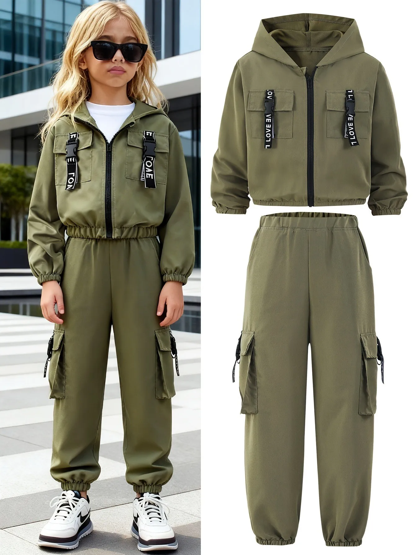 Girls' Autumn Outfit Set: Green Hooded Zip-Up Work Jacket and Jogger Work Pants, Suitable for 8-12 Year Old Children, Versatile Clothing for Home and Outings