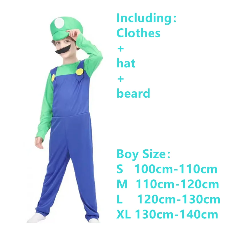 Anime 4 Colors Super Luigi Brothers Cosplay Adult Men and Women Boys Girls Jumpsuit Beard Hat Set Halloween Costume Props