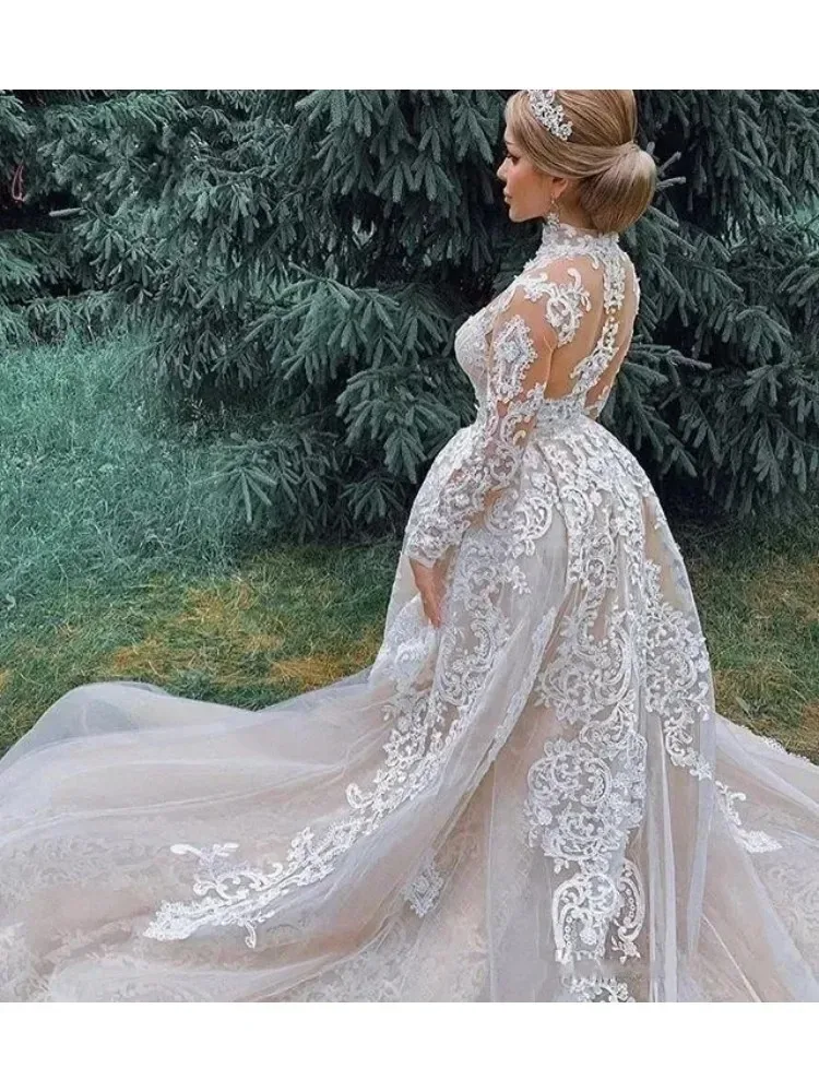 Luxury Mermaid Wedding Dresses Women Dubai High Neck Illusion Long Sleeves Appliques Beaded Bridal Gowns Robe De Mariee Custom