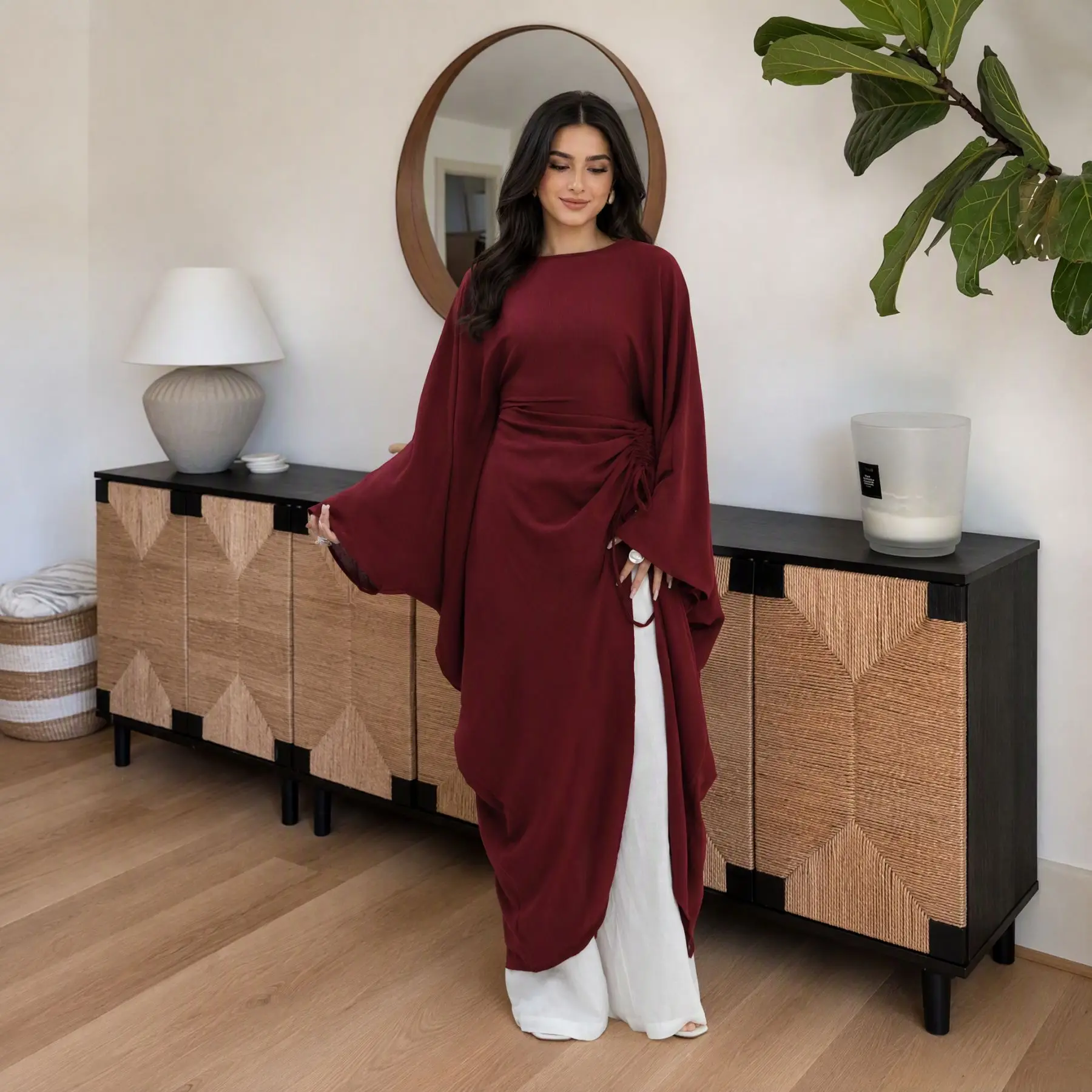 Muslim Women Batwing Sleeve Drawtring Tops Irregular Hem Blouse Dubai Abaya Turkey Kaftan Ramadan Islam Clothing Shirt Dress New
