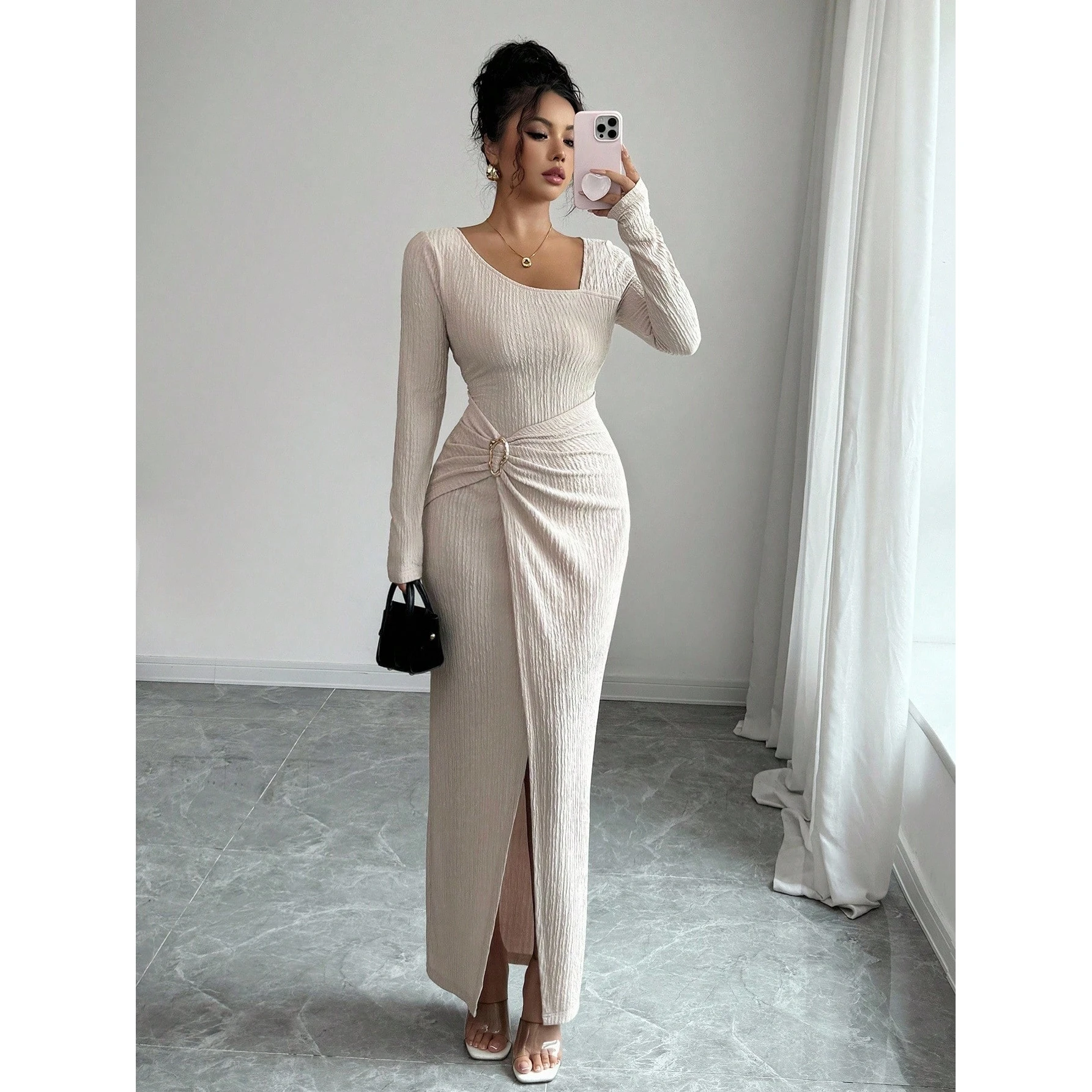 Long Knitted Dress Women High Waist Pure Color Texture Asymmetrical Neckline Autumn New Style Cross-Border Fashion Dress