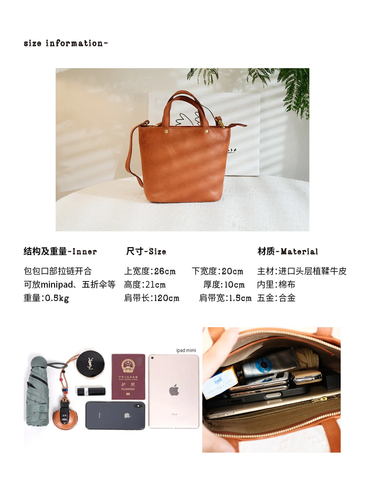 حقيبة يد نسائية عصرية من جلد البقر المدبوغ بالخضروات حقيبة كتف نسائية بسيطة مصنوعة يدويًا من الجلد الأصلي #4