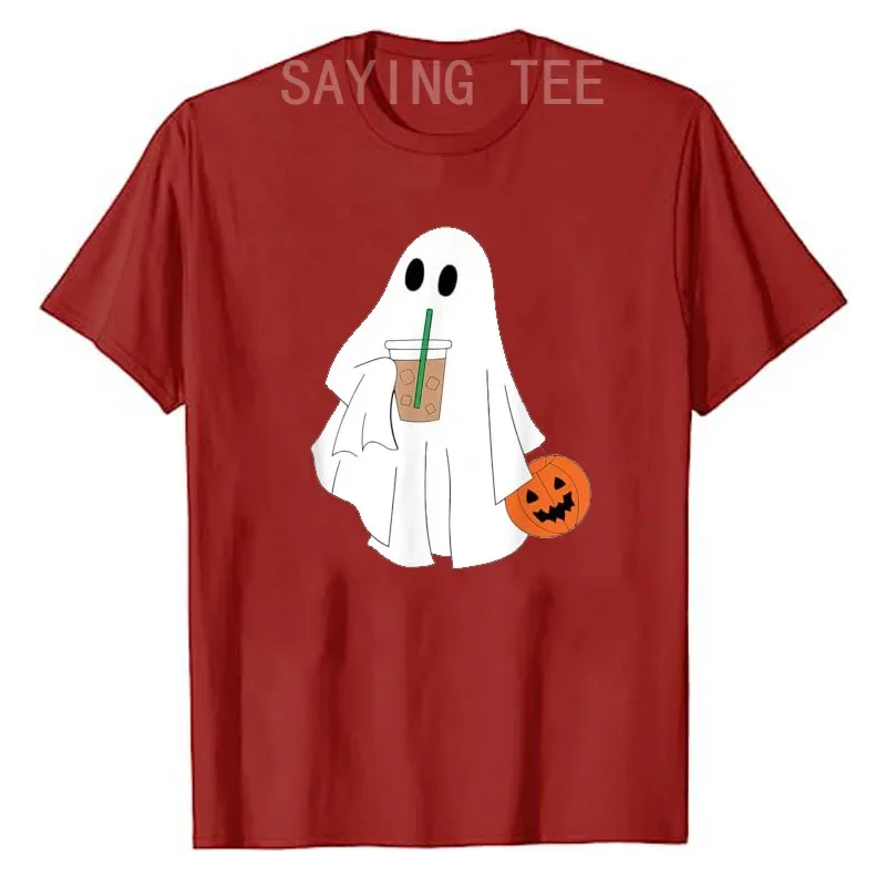 Cute Little Ghost Drinking Coffee Halloween Costume Spooky Season T-Shirt Gift Lovely Saying Tee Graphic Outfit Short Sleeve Top