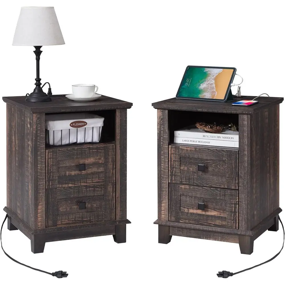 Rustic Oak Black 2-Piece End Table Set with Nightstand, Charging Station, Storage Drawers, and USB Ports