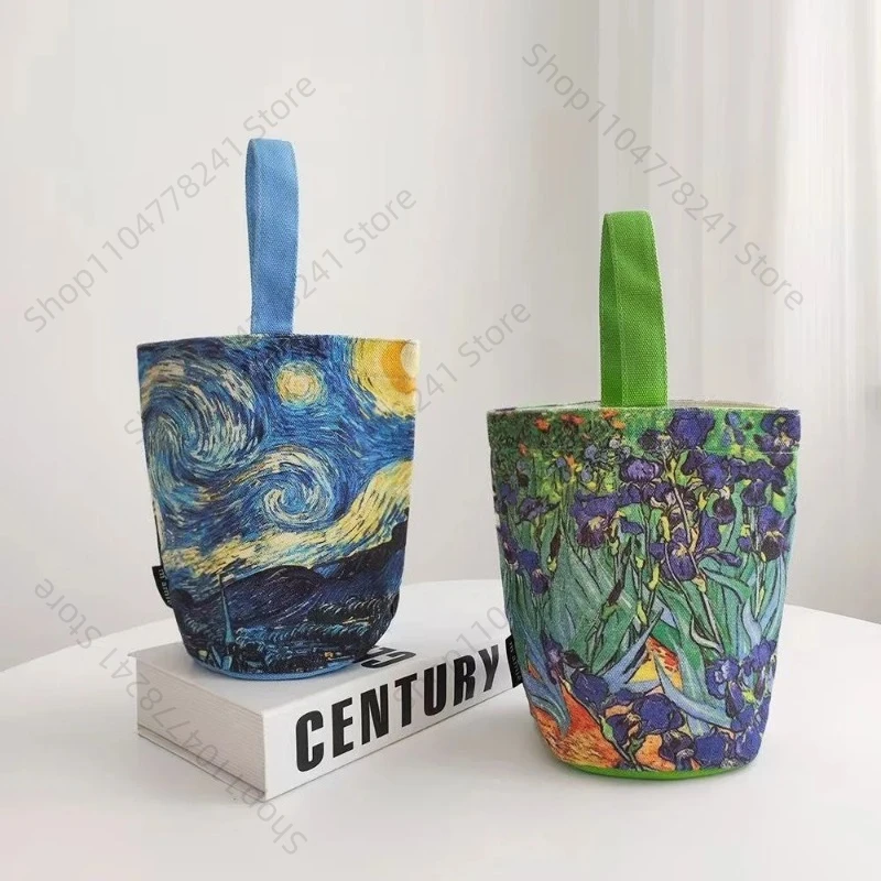 

Van Gogh Oil Painting Bucket Bag Literary Portable Handbag Cup Bag Vintage Tote Canvas Bag for Girls