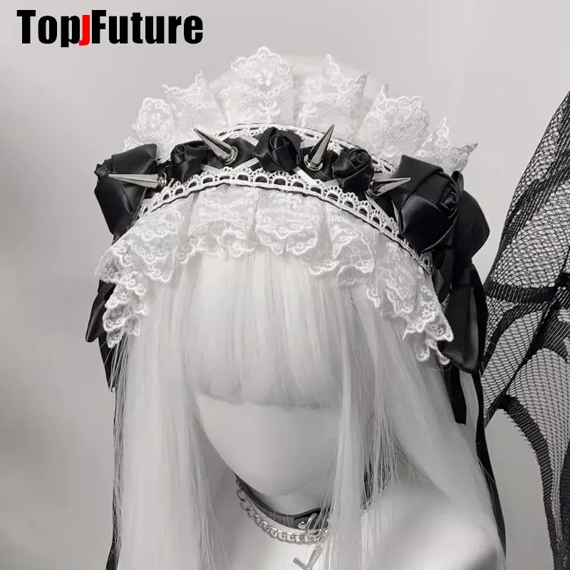 Streetwear Y2k kız kadınlar gotik Lolita Cosplay Harajuku Punk Steampunk dantel başak çapraz Hairbands Hairband çapraz göz maskesi