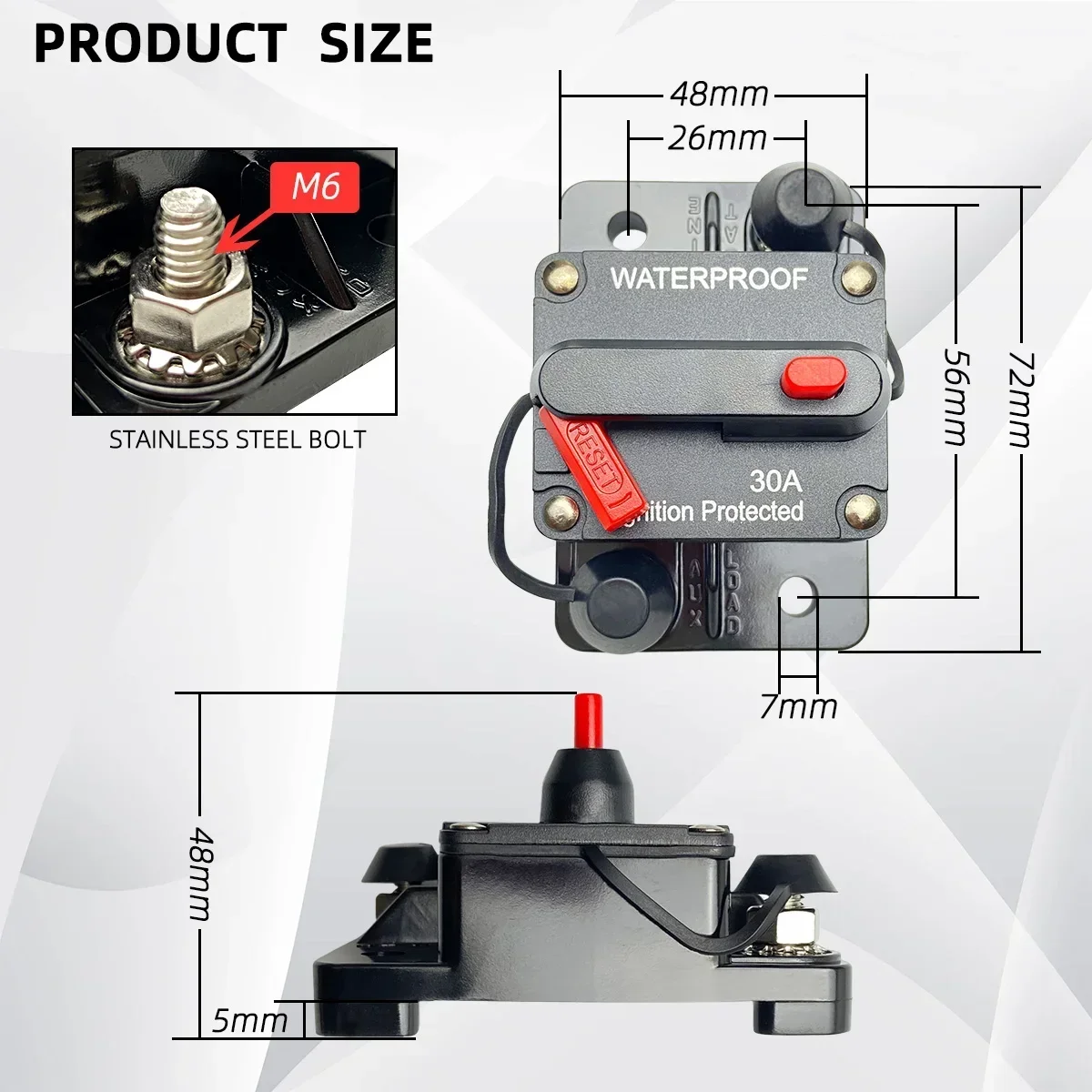 Fusível impermeável do disjuntor, Reset manual, Inline inversor, auto carro, iate, AV, sistema de vídeo adulto, IP6, 12V, 48V DC, 30A a 300A