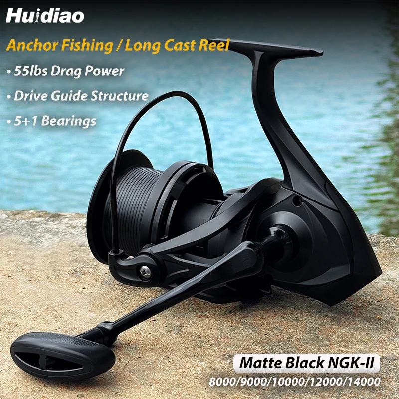 HUIDIAO NGK-II Große Spinn-Angelrolle 25 kg Max. Zugkraft 8000–14000 Glatte Weitwurfrolle Schwarz 5+1BB für Big Game Fishing