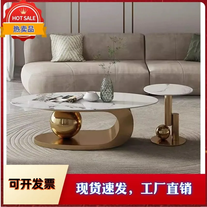 Tavolino da caffè ovale in lastra di roccia in stile minimalista nordico, soggiorno domestico, tavolino combinato con vento, tavolino Internet