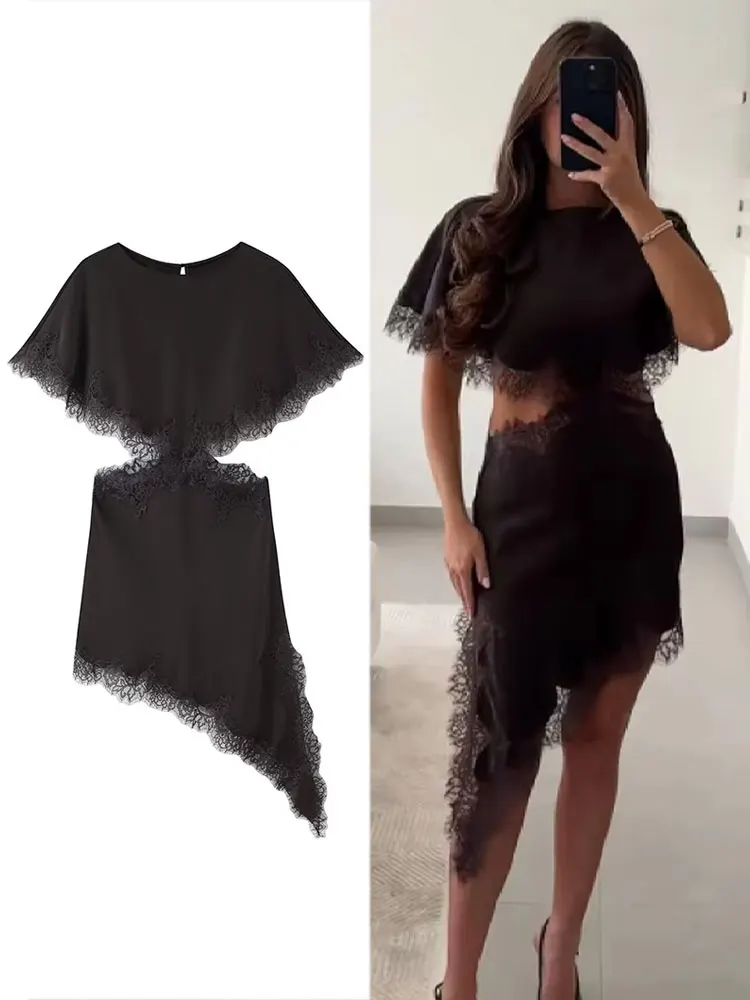 HH Frauen Mode Freiliegende Taille Kleid O Hals Ärmellose Asymmetrische Spitze Kleider Elegante Frau Abend Club Party Mini Kleid