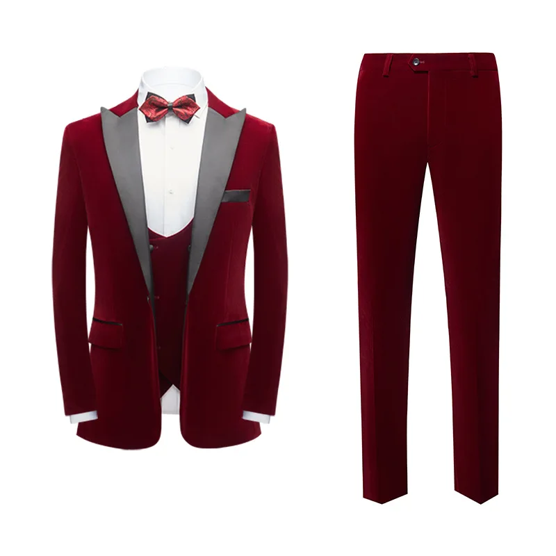 

071801 Men's suits, foreign trade Korean style velvet wine red suit three piece suit