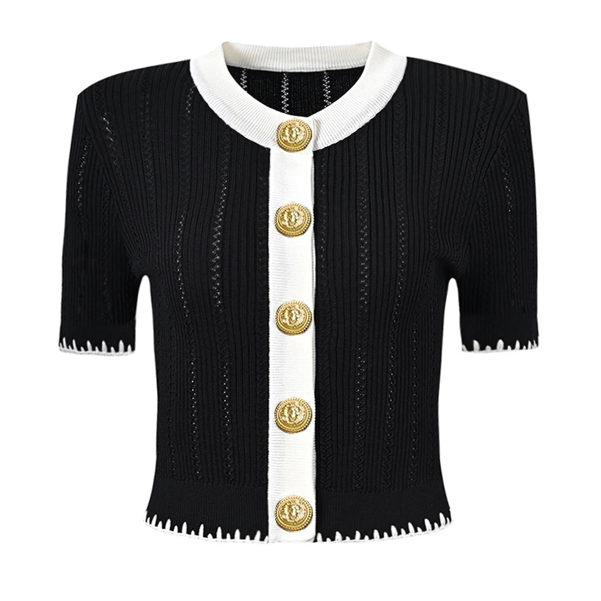 Sml Four Color Knitted Elastic Fabric Open Thread Lace Short Sleeve Round Neck Slim Fit Women Cardigan For 2024 Luxury Brand