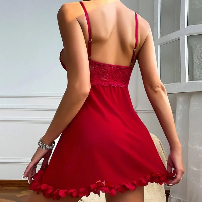 Babydoll Musim Panas Leher V Dalam Celana Dalam Potongan Rendah Piyama Tanpa Punggung Jaring Transparan Merah Lingerie Seksi Porno Gaun Tidur Renda Tembus Pandang
