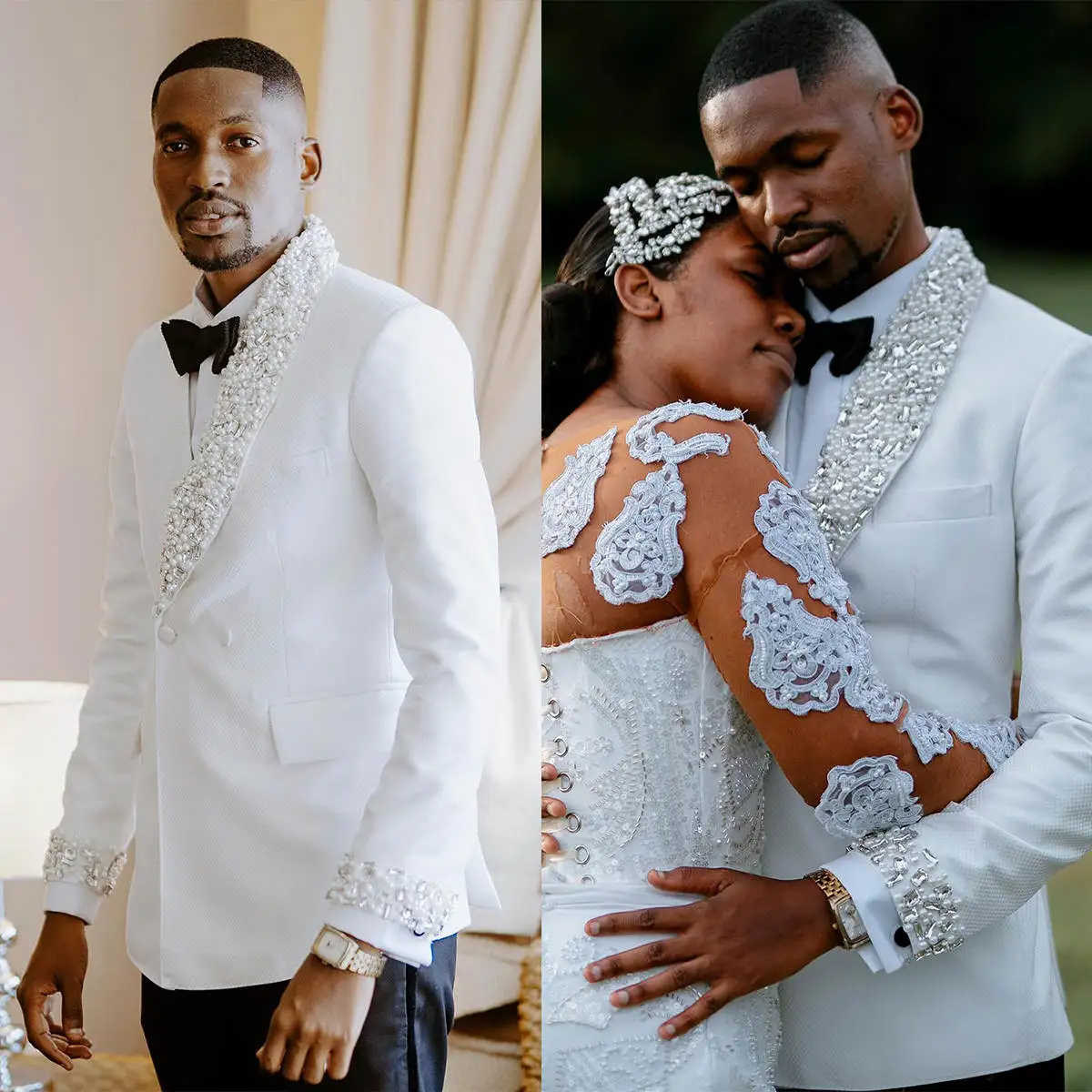 

Elegant Crystal Pearls Men's Wedding Suit Coat Shawl Lapel Tuxedos Double Breasted Groom Wear Party Only Blazer Customized