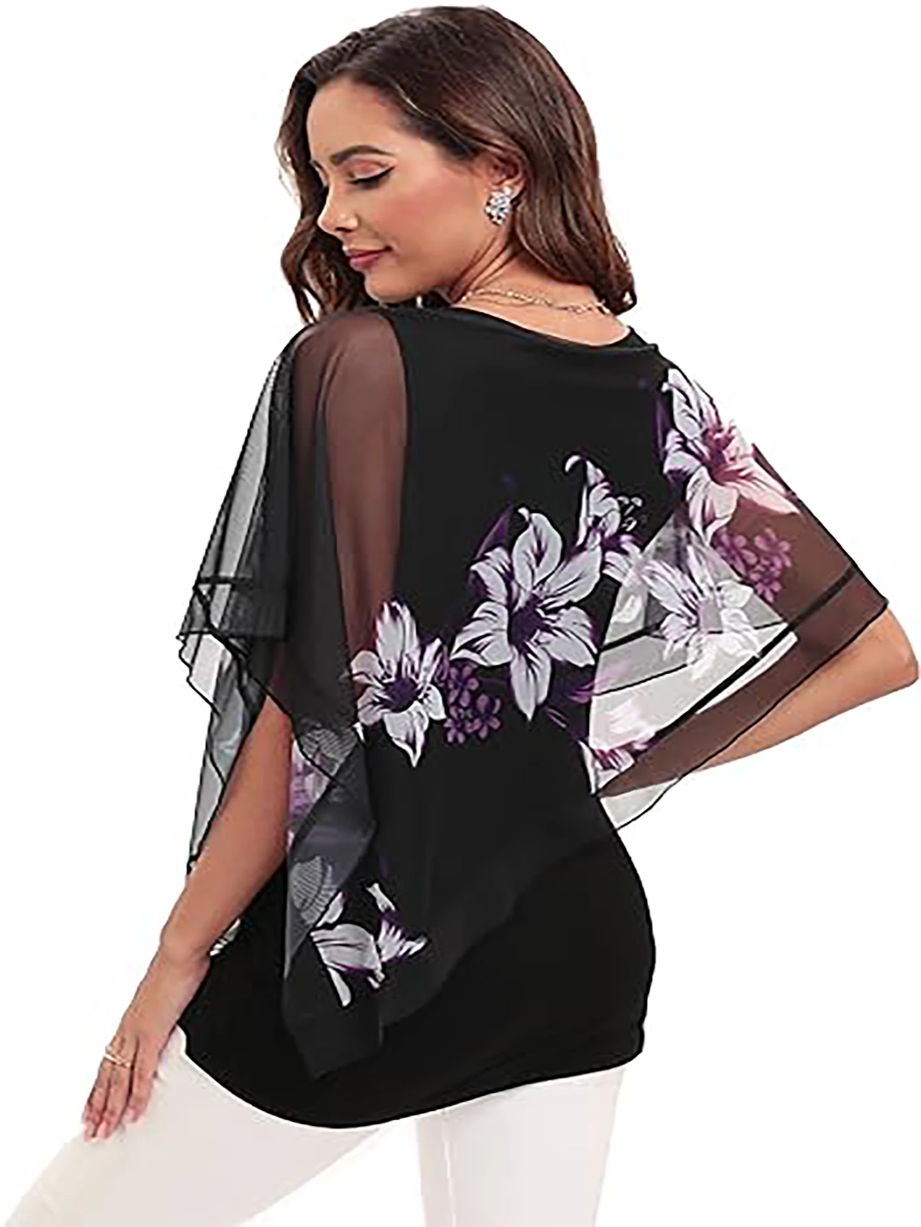 Aamikast Casual Plus Size Women's Tops Black Printed Top Collar  Round Neck Ruffled Half-Sleeved Lace Shirt Flower Print